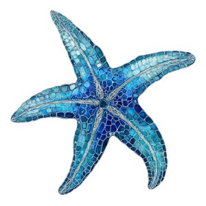 May include: A vibrant, five-pointed starfish in shades of blue, from light turquoise to deep indigo. The starfish has a mosaic-like pattern with silver outlines, creating a textured appearance. The image is set against a clean white background.