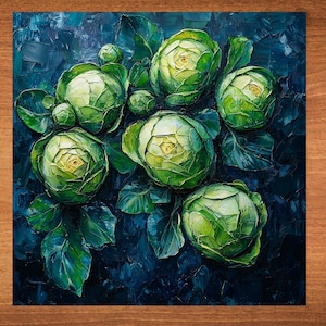 May include: A painting of a cluster of green cabbage roses with yellow centers, set against a dark blue background.