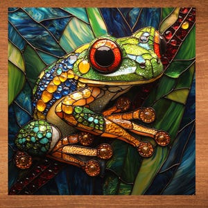 May include: A colorful stained glass frog with red eyes, perched on a green leaf. The frog's body is a mosaic of green, yellow, blue, and orange glass pieces. The background features blue and green leaves.
