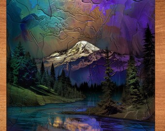 Mount Rainer Stained Glass Look Art on Glossy Ceramic Tile Tileful Artful Display Piece and Gift