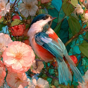 May include: A small bird with a dark blue head, white chest, and orange-red underparts perched among large, pale pink flowers and vibrant teal green foliage. The scene features a stained glass aesthetic with distinct dark outlines and color blocks.