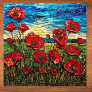 May include: A mosaic artwork featuring vibrant red poppies with black centers against a backdrop of a blue sky with clouds and a yellow and green landscape. The artwork is framed in a wooden border.