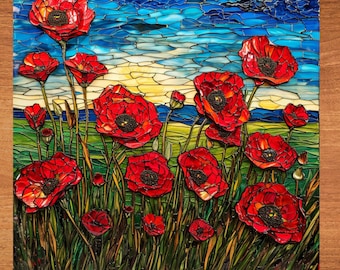Red poppy field Stained Glass Look Art on Glossy Ceramic Tile Tileful Artful Display Piece and Gift