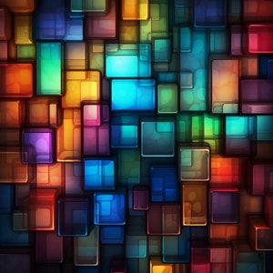May include: Abstract background with a colorful mosaic of squares in shades of blue, green, red, orange, purple, and brown. The squares are arranged in a random pattern, creating a dynamic and visually appealing design.
