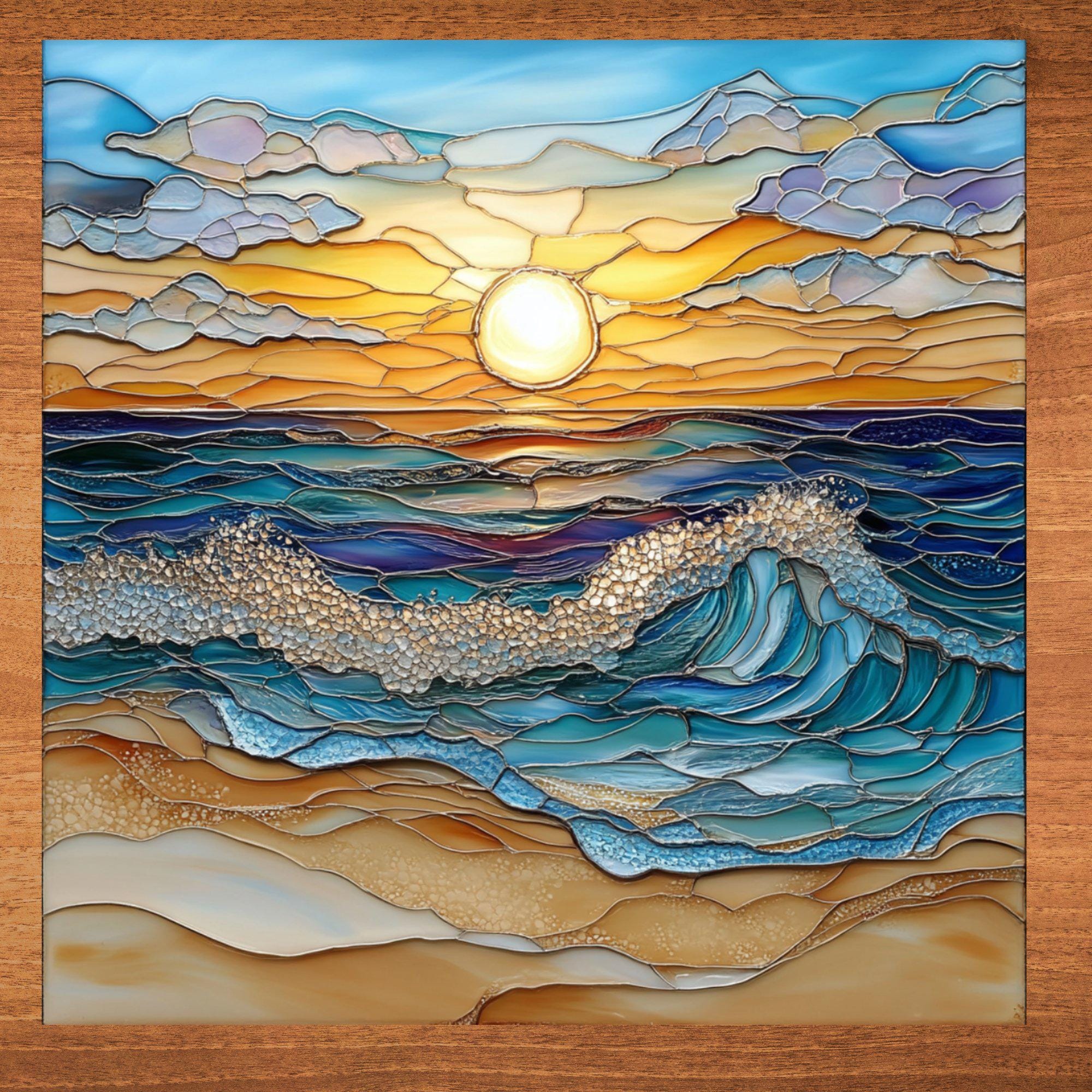 Gentle Ocean Waves Sunrise Ceramic Art Tile Stained Glass Look Glossy Bookshelf Book Nook Wall Decor Gift for Her Christmas