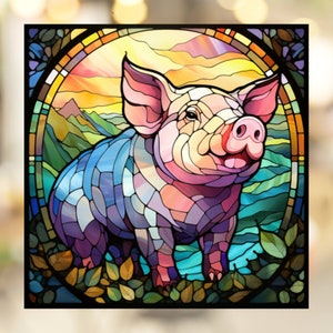 Potbellied Pig Stained Glass Window Cling Window Sticker Decal Vinyl Film Window Treatment Gift for Her Vibrant Colors