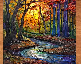 Mystical glowing woodland Stained Glass Look Art on Glossy Ceramic Tile Tileful Artful Display Piece and Gift