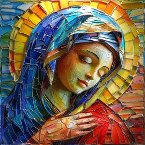 May include: A mosaic artwork depicting a woman with her head bowed in prayer. The woman is wearing a blue and gold robe and has a halo of light around her head. The artwork is made up of small, colorful tiles.