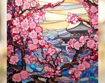 Cherry Blossoms in Kyoto 1 Stained Glass Window Cling Window Decal Sticker Reusable Window Cling Arful Window Decor