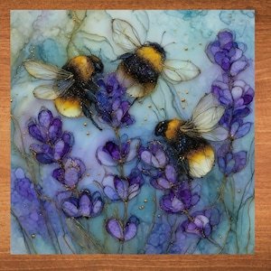 May include: Three bumblebees in flight, with yellow and black stripes, hovering over purple lavender flowers with green stems. The background is a light blue watercolor wash with gold flecks.