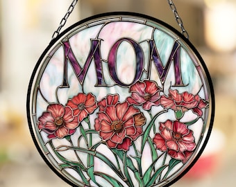 Mom and Carnation Flowers Suncatcher for Window Decor Gift for Mothers Day Birthday Gift for Her Mom Mother Grandmother Daughter Friend Gift