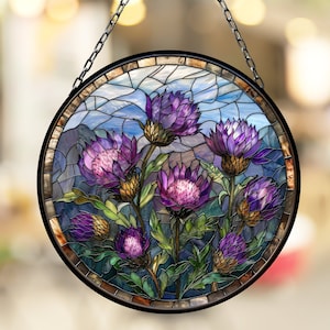 Purple Thistles Suncatcher for Window Decor Gift for Mothers Day Birthday Gift for Her Mom Mother Grandmother Daughter Son