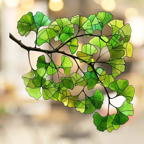 Green Ginkgo Leaves Stained Glass Window Cling Decal Sticker Film Window Decor No Adhesive Vinyl Artful