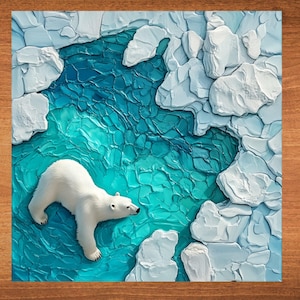 May include: A white polar bear swims in a turquoise blue pool of water surrounded by white ice formations.