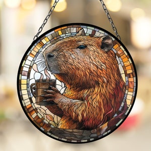 Capybara Drinking Coffe Suncatcher for Window Decor Gift for Mothers Day Birthday Gift for Her Mom Mother Grandmother Daughter Son