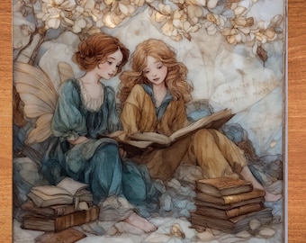 Best Friends Reading Light Academia Fine Ceramic Art Tile Academia Aesthetic Bookish Decor for Booknook Desk Wall Art