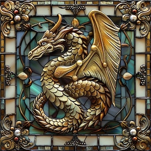 May include: A gold-toned dragon with wings and scales is depicted in a stained glass window. The dragon is curled up in a defensive position with its wings spread out.