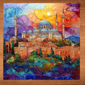 May include: A colorful painting of a mosque with a blue dome and minarets. The mosque is surrounded by trees and flowers. The sky is a vibrant mix of blue, purple, and orange.