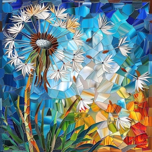 May include: A stained glass style illustration of a dandelion with white seeds blowing in the wind. The dandelion is surrounded by green leaves and a blue and yellow background.