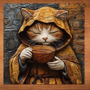 May include: A brown and white cat wearing a yellow hooded robe, holding a brown ceramic mug with a closed eye, as if smelling the contents of the mug.