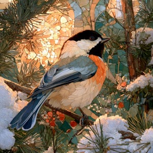 May include: A chickadee bird with a black cap and throat, white cheeks, and orange-brown underparts perched on a pine branch. The background features a mosaic-style pattern of green and gold tones with white snow-covered pine needles.