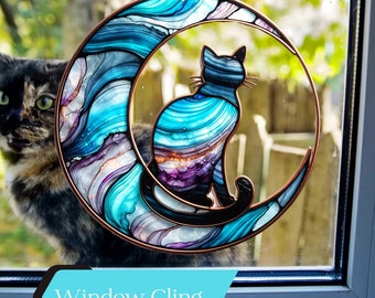 Stained Glass Cat on the Moon Window Cling Catful Petful Cat Gift-Giftul Kitten Person, Loss-of-Cat Decoration Loverly Cat Kitten Feline Art
