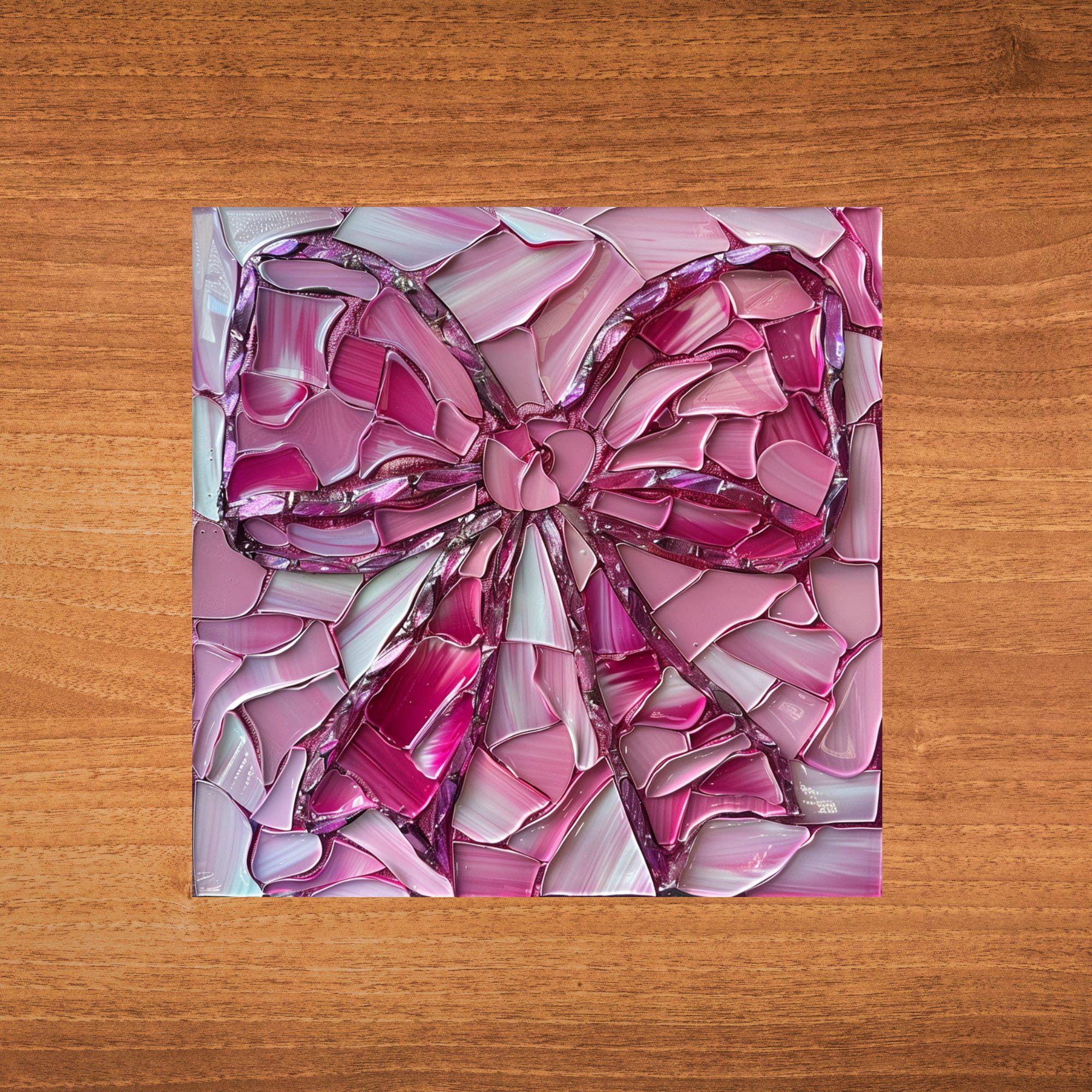 Coquette Pink Bow Ceramic Art Tile Stained Glass Look Glossy Bookshelf Book Nook Wall Decor Gift for Her Christmas