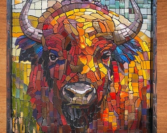 Bison Stained Glass Look Art on Glossy Ceramic Decorative Tile Tileful Artful Mosaic Wall Decor