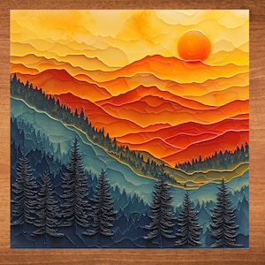 May include: A painting of a mountain range with a large orange sun setting behind it. The mountains are layered in shades of blue, green, and orange. The sun is a bright orange and yellow.