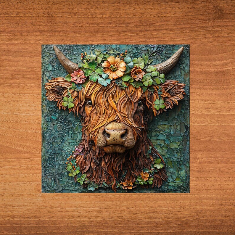 Irish Highland Cow Ceramic Art Tile Artful Bookshelf Book Nook Wall Decor Gift for Her Saint Patrick's Day Springtime Irish afbeelding 6