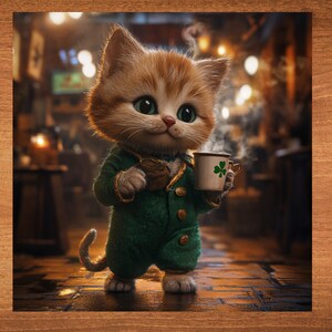 May include: A cartoon cat wearing a green suit and a shamrock hat holds a white mug with a shamrock design. The cat is standing on a brick floor in a dimly lit room.