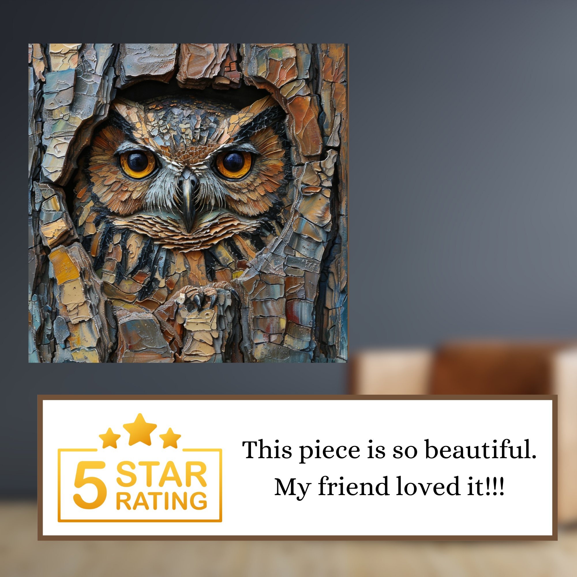 Owl in Hollow Tree Stained Glass Look Art on Glossy Ceramic Tile Decorative Gift Artful Mosaic Wall Decor