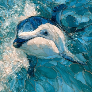 May include: A mosaic-style artwork depicting a dolphin emerging from ocean waves. The image features shades of deep blue, turquoise, and white, with gold-colored lines outlining each segment to create a stained-glass effect on the water and animal.