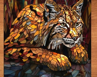 Bobcat Stained Glass Look Art on Glossy Ceramic Decorative Tile Tileful Artful Mosaic Wall Decor