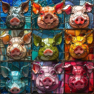 Piglet Faces Stained Glass Look Art on Glossy Ceramic Decorative Tile Gift Artful Mosaic Wall Decor
