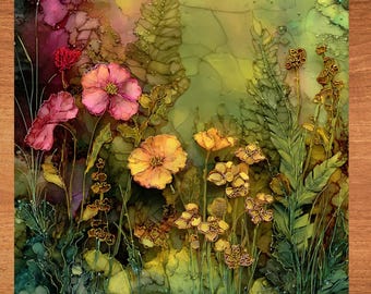 May include: An abstract floral painting with pink and yellow flowers and green foliage. The artwork has a watercolour effect with pink, yellow, green, and red hues. The painting is set against a wooden frame, creating a natural aesthetic.