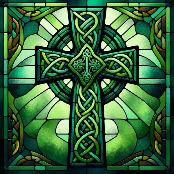 Rich green Celtic cross Stained Glass Window Cling to celebrate Saint Patrick's Day Irish Heritage St Patty Party