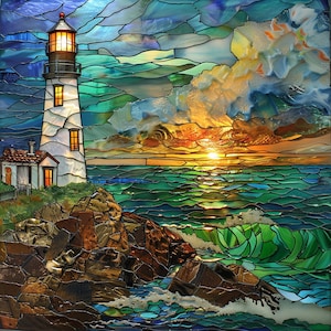Lighthouse Stained Glass Look Art on Glossy Ceramic Decorative Tile Gift Artful Mosaic Wall Decor