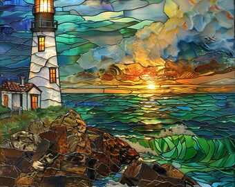 Lighthouse Stained Glass Look Art on Glossy Ceramic Decorative Tile Gift Artful Mosaic Wall Decor
