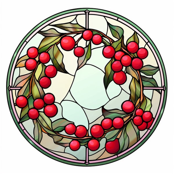 Cranberries Wreath Stained Glass Window Cling Vinyl Window Decal Suncatcher Window Decor Decoration Autumn Thanksgiving Winter Christmas