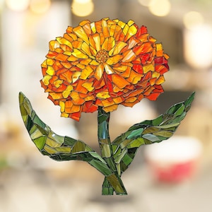 Marigold Stained Glass Window Cling Beautiful Flower Window Artwork Window Decal Sticker Vinyl Film Gift for Nature Lover Her Mom