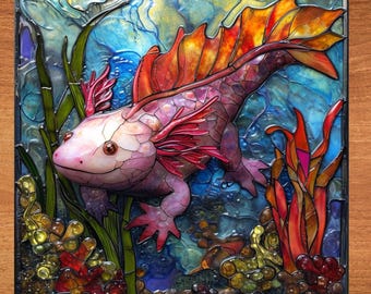 Axolotl Stained Glass Look Art on Glossy Ceramic Tile Tileful Artful Display Piece and Gift