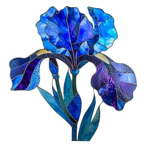 May include: A stained glass window depicting a blue iris flower with intricate details. The flower is made of various shades of blue and purple glass, with a hint of yellow in the center.