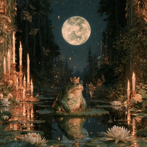 May include: A green frog wearing a small gold crown sits on a lily pad in a dark pond at night. The scene is illuminated by a large full moon in the starry sky and several tall, lit white candles in ornate gold candelabras among white flowers.