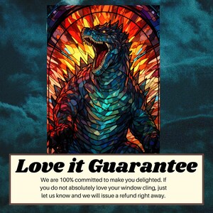 May include: A stained glass window design featuring a colorful, blue, red, and yellow monster with a large mouth and sharp teeth. The text "Love it Guarantee" is below the image.