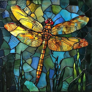 May include: A stained glass dragonfly with yellow, orange, and red wings, set against a background of blue, green, and brown glass.