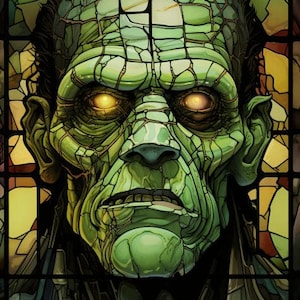 May include: A close-up of a green, textured, monster-like face with glowing yellow eyes. The face is set against a stained glass background.