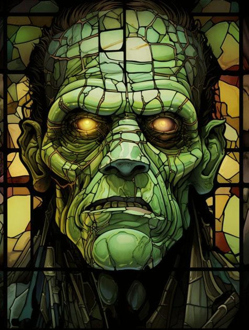 May include: A close-up of a green, textured, monster-like face with glowing yellow eyes. The face is set against a stained glass background.