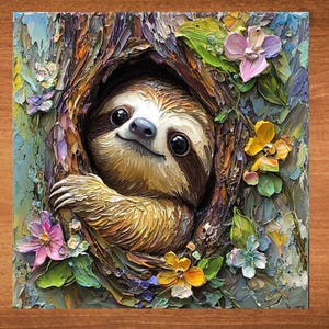 May include: A painting of a sloth peeking out of a tree trunk. The sloth has brown fur and is surrounded by colorful flowers and leaves.