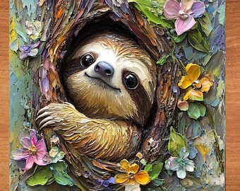Sloth Baby Peeking out of Tree Ceramic Tile Art Beautiful Animal Nature Springtime Gift for Her Wife Friend Dopamine Art